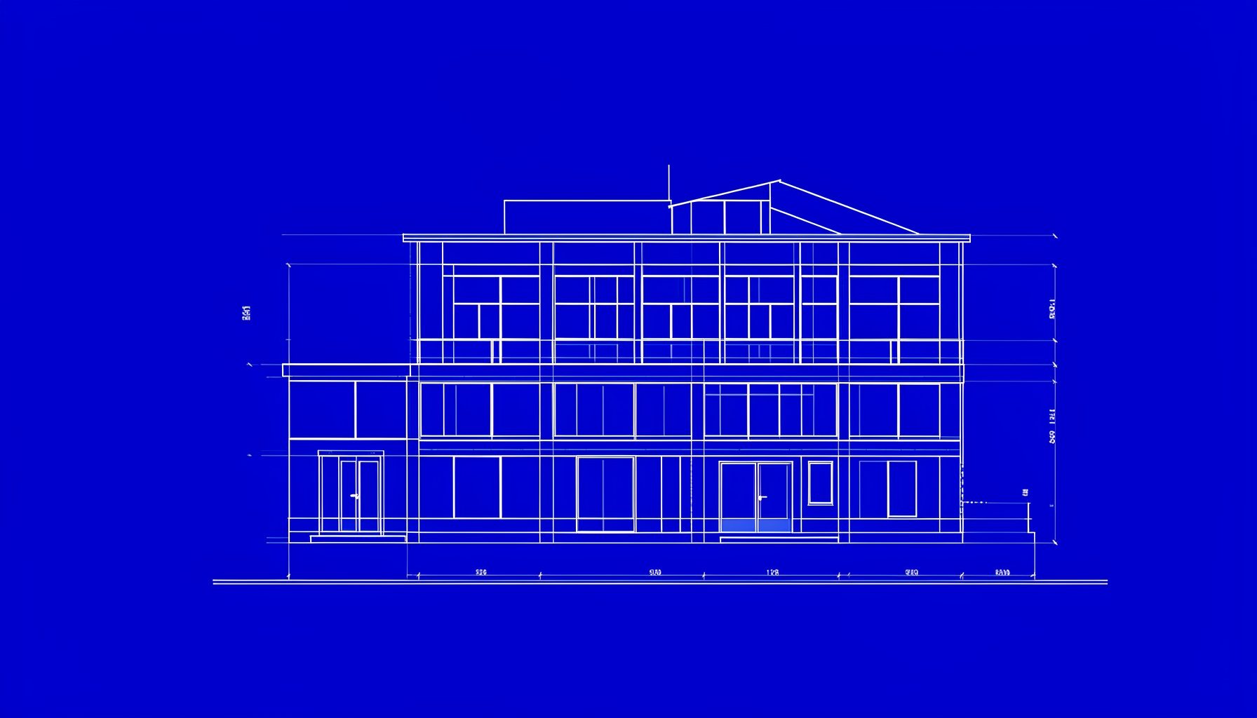 紺色の背景に白い線で描かれた建物の設計図風イラスト、静かで整然とした雰囲気