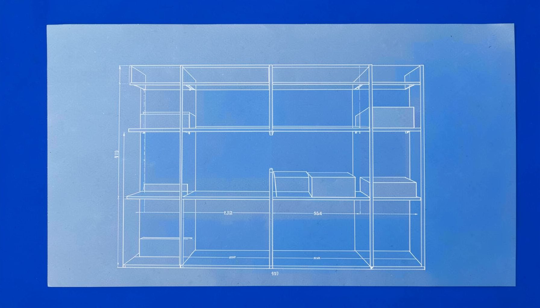 淡い青灰色の紙に描かれた棚と箱の配置図、几帳面で落ち着いた雰囲気の線画